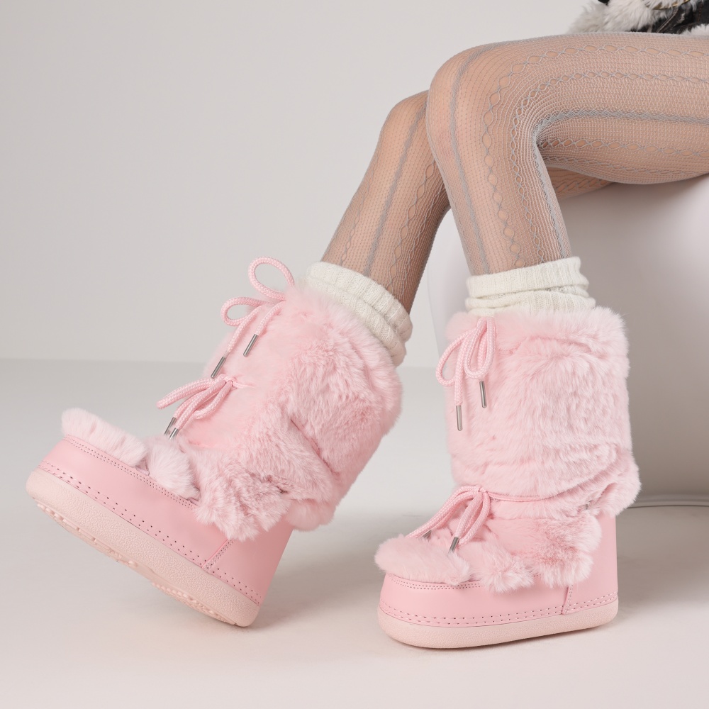 Winter Fashion Women Boots - 여성용 퍼 부츠, 라운드 토 플랫