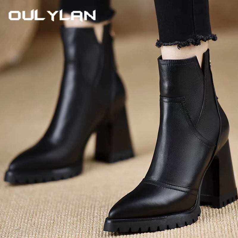 Winter Fashion Women Boots - Oulylan 두꺼운 하이힐 여성 신발 레트로