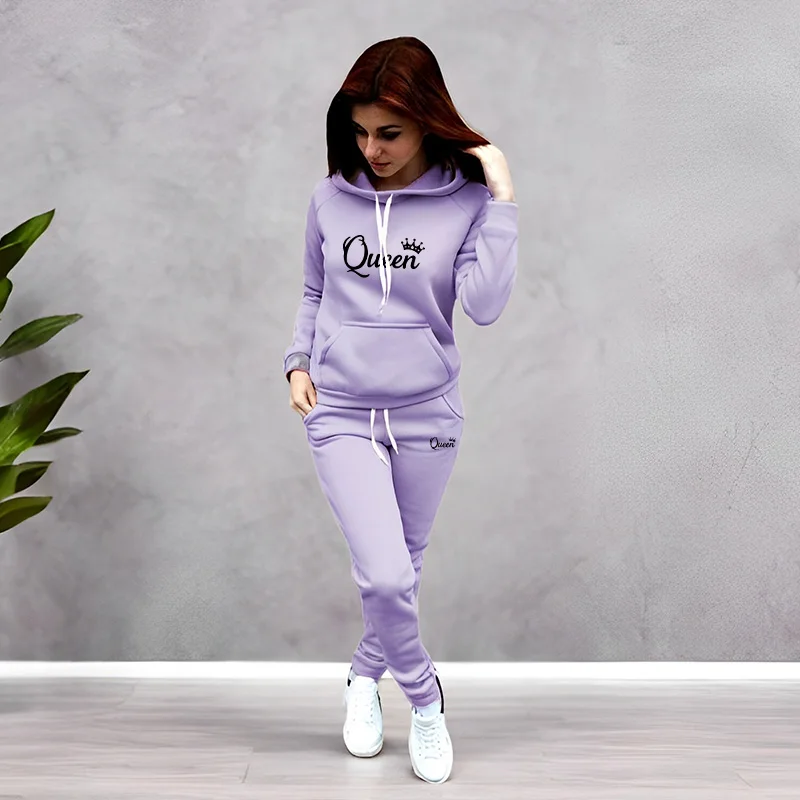 Women'S Fashion Suit - 여성 트랙수트 퀸 레터 프린팅 후드