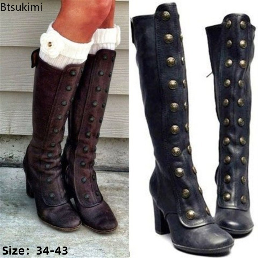 레트로 블랙 패션 리벳 장식 부츠 청키 힐 니하이 슬립 - Winter Fashion Women Boots 리뷰 및 가격