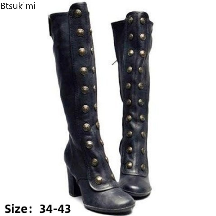 레트로 블랙 패션 리벳 장식 부츠 청키 힐 니하이 슬립 - Winter Fashion Women Boots 리뷰 및 가격