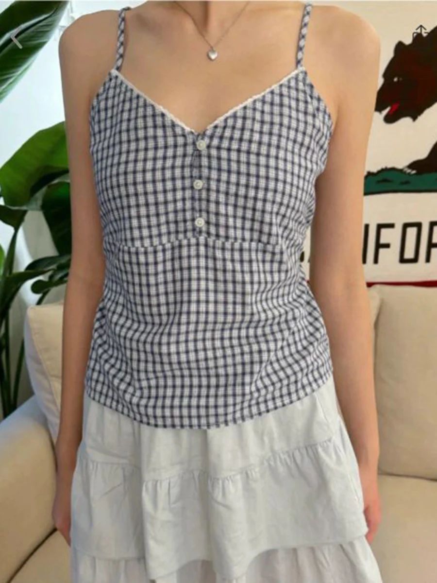 해군 격자 무늬 탱크 반바지 2 조각 세트 여성 레이스 - Lace Trim Cami 리뷰 및 가격